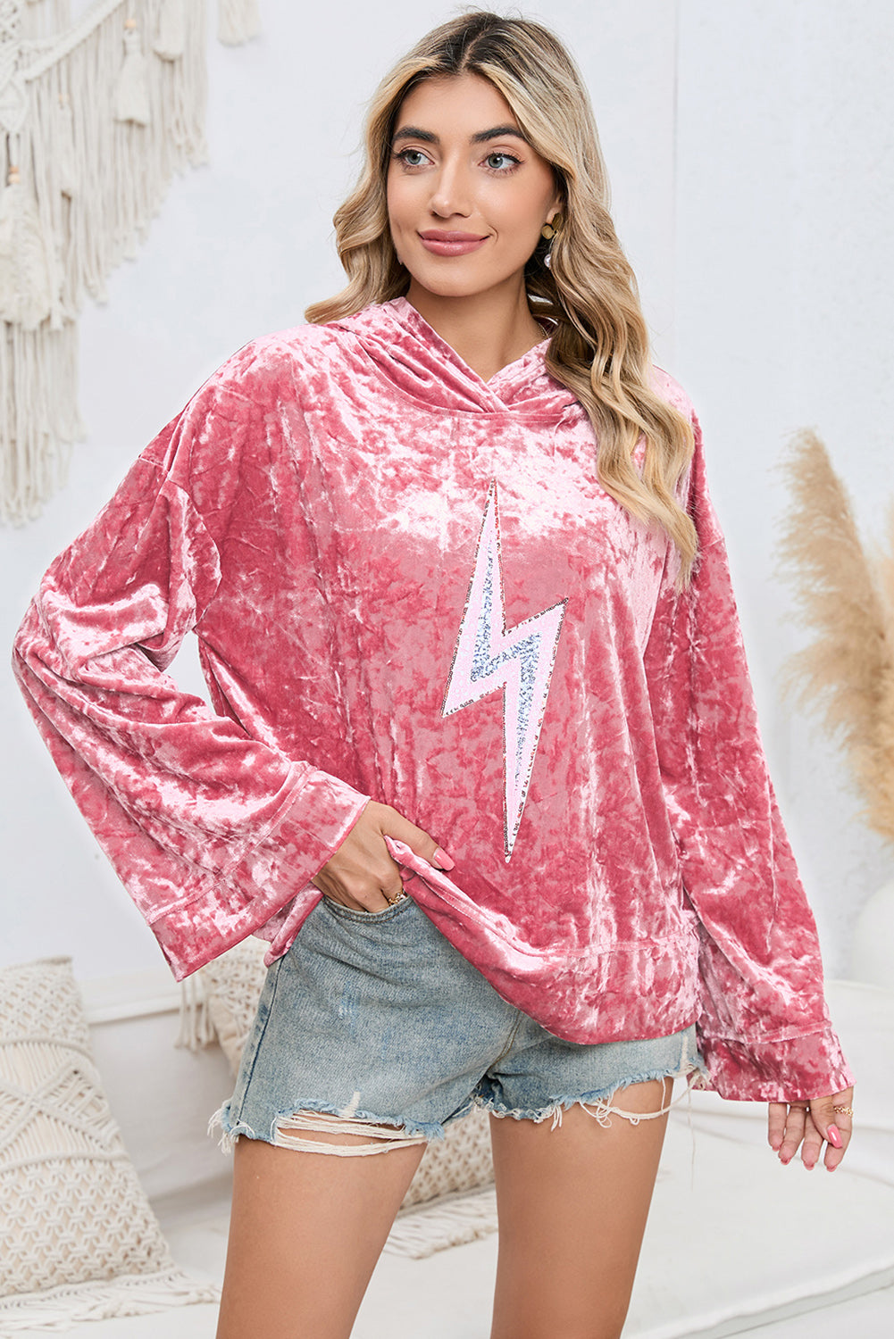 Women's Sparkling Sequin Long Sleeve Drop Shoulder Oversized Hoodie