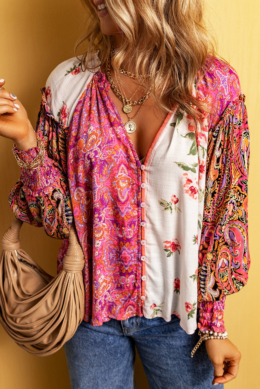 Women's Multicolor Floral Notched Neck Lantern Sleeve Blouse