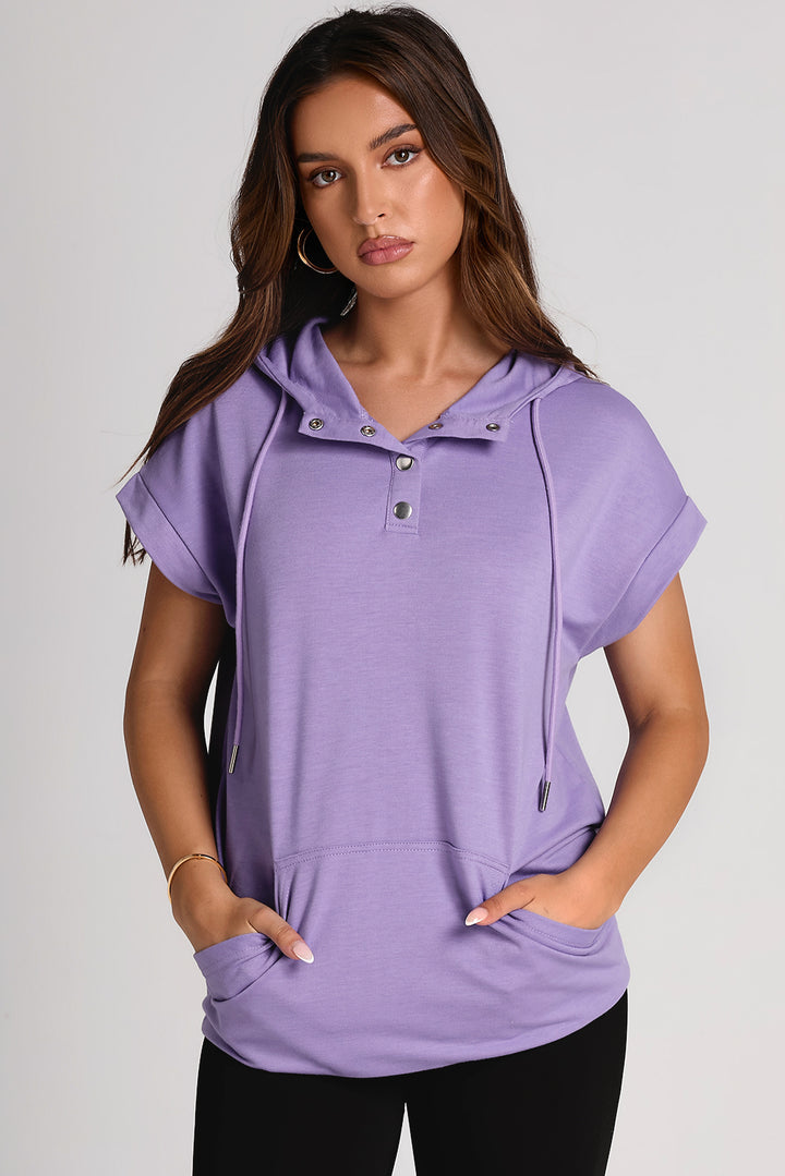 Women's Cap Sleeve Hoodie with Drawstring Quarter Snap Design