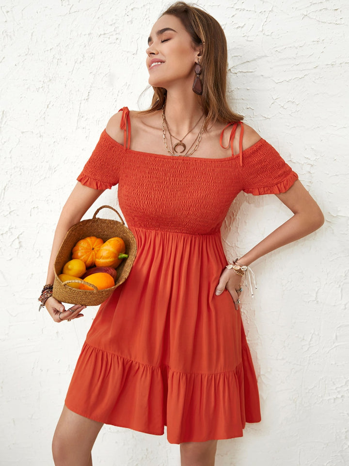 Women's Smocked Short Sleeve Spaghetti Strap Dress