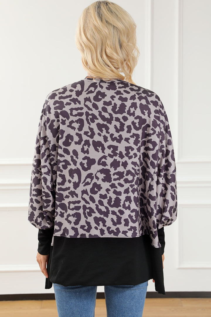 Women's Leopard Print Round Neck Lantern Sleeve Slit Sweatshirt