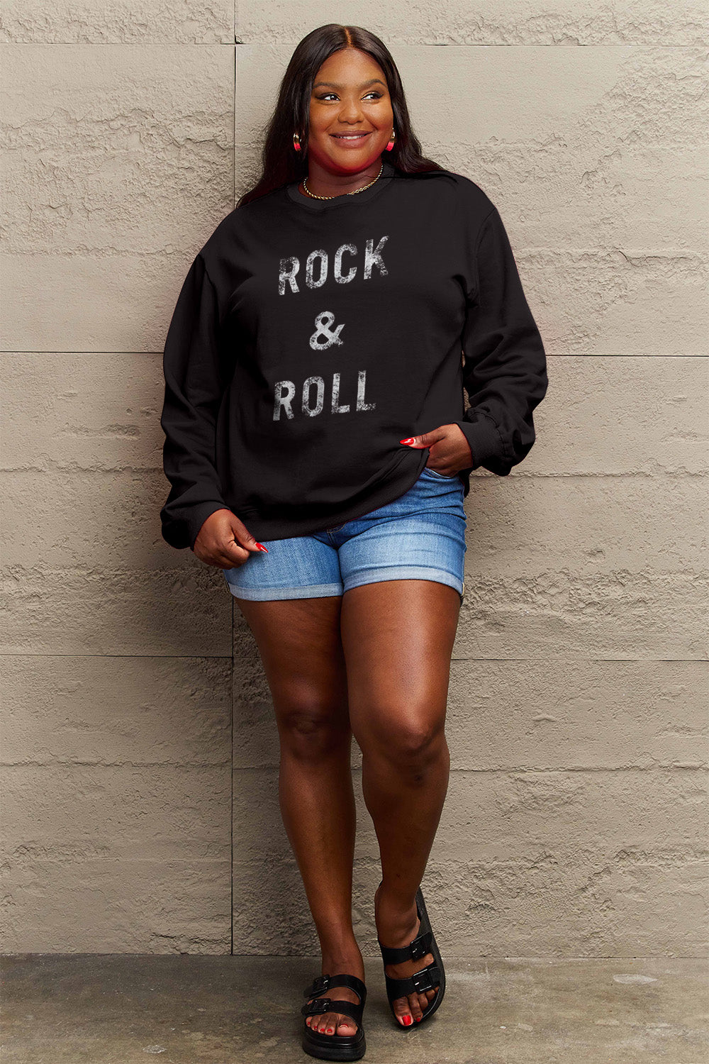 Women's Full Size ROCK & ROLL Round Neck Sweatshirt: Simply Love Edition