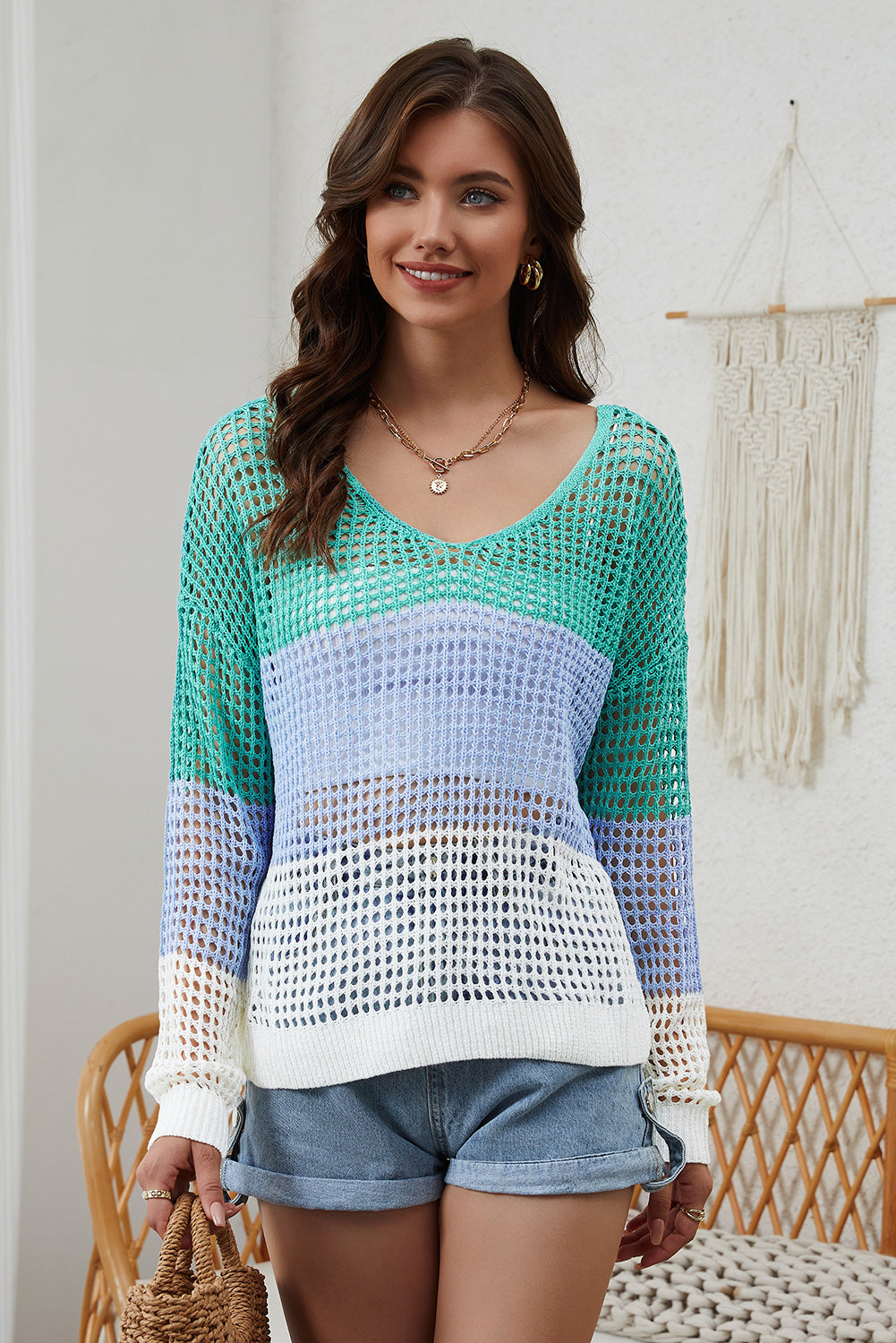 Women's Openwork V-Neck Dropped Shoulder Blouse