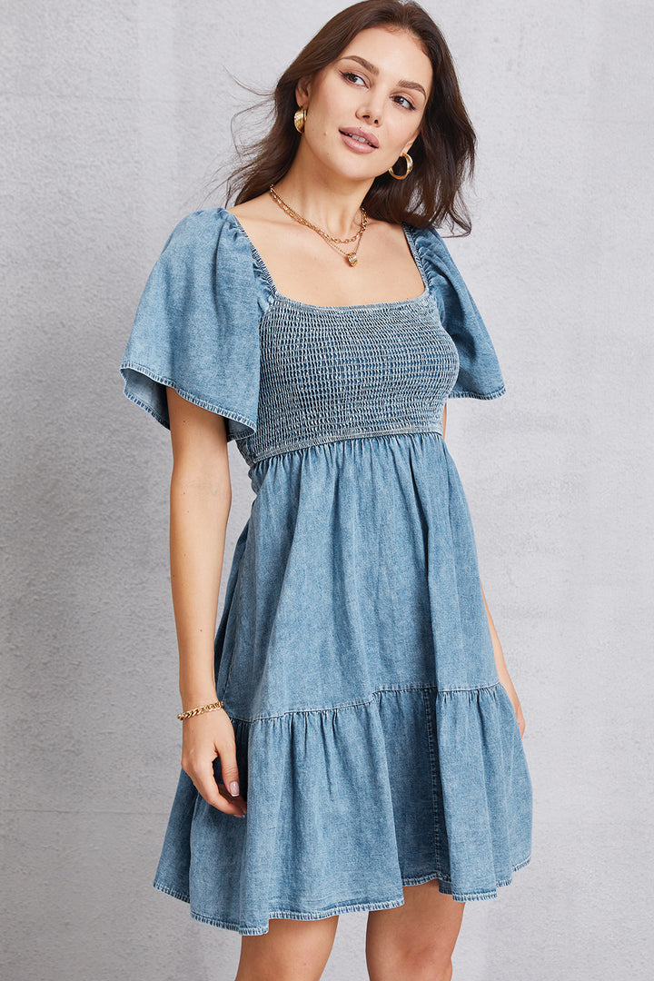 Women's Smocked Square Neck Mini Denim Dress