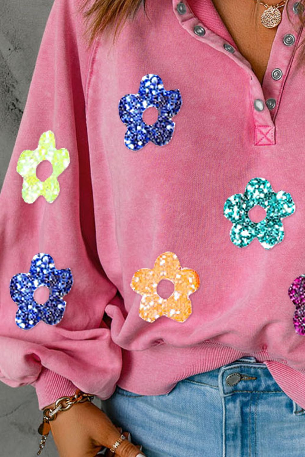 Women's Sparkling Floral Half Snap Lantern Sleeve Sweatshirt