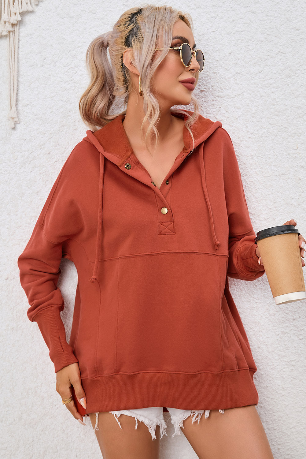 Women's Cozy Drop-Shoulder Buttoned Hoodie