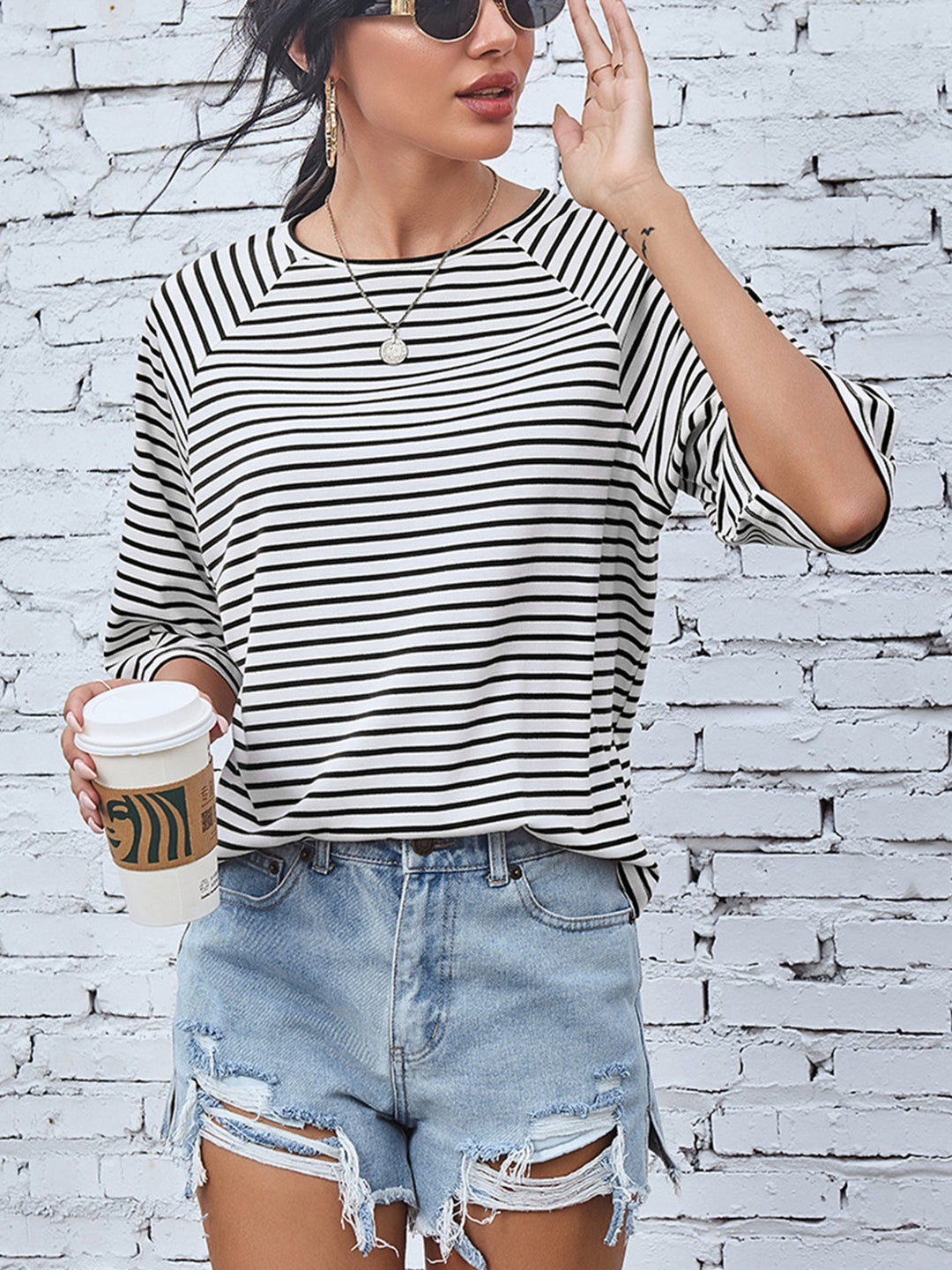 Women's Striped Round Neck Raglan Sleeve T-Shirt