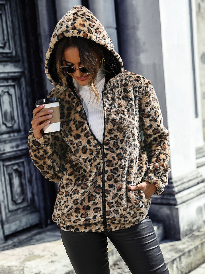 Women's Leopard Print Zip-Up Hooded Jacket