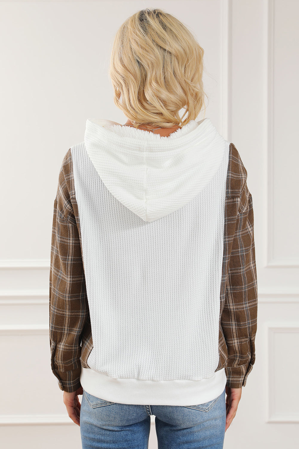 Women's Plaid Waffle-Knit Hoodie with Drawstring and Kangaroo Pocket