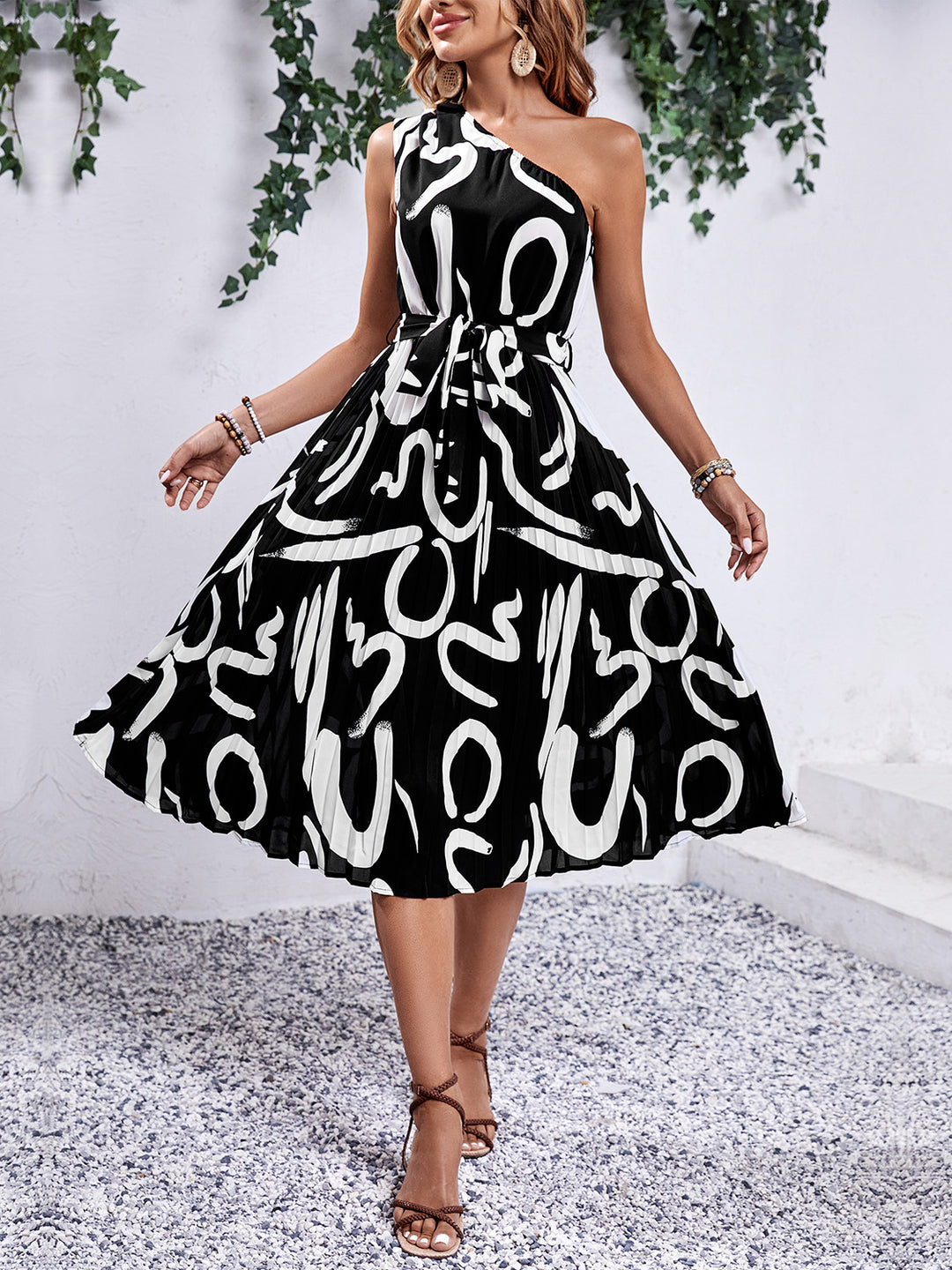 Women's Printed Single Shoulder Tie Waist Dress