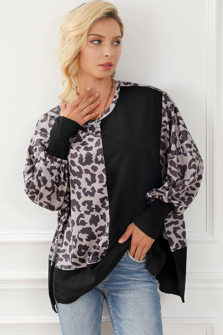 Women's Leopard Print Round Neck Lantern Sleeve Slit Sweatshirt