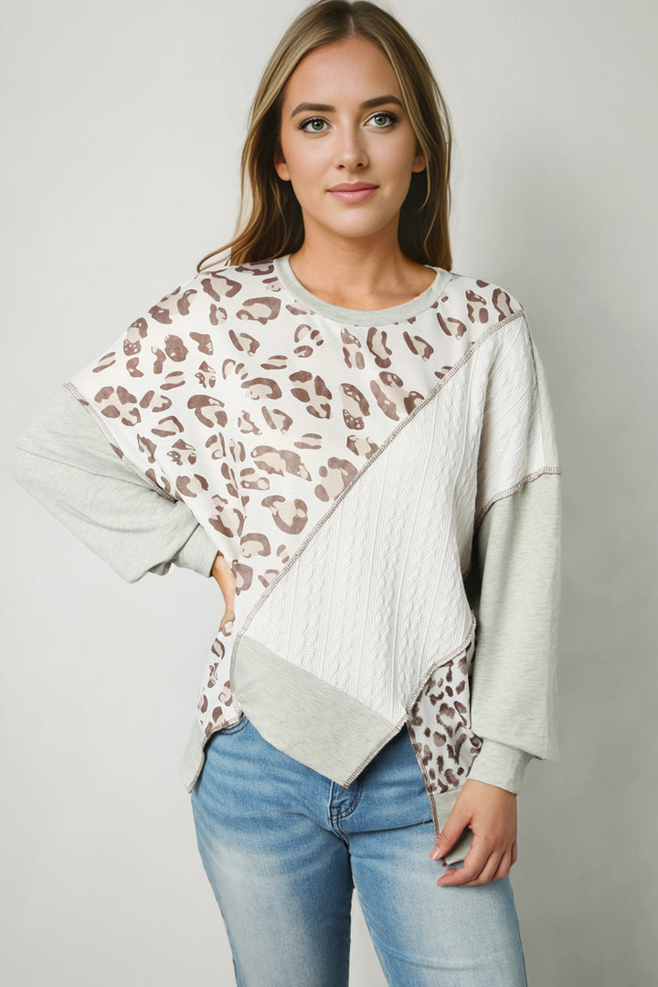 Women's Leopard Print Round Neck Sweatshirt with Exposed Seams