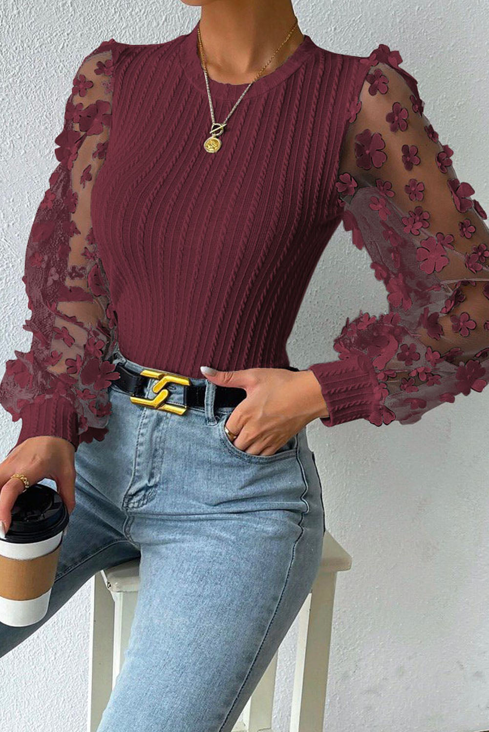 Women's Textured Applique Long Sleeve Blouse