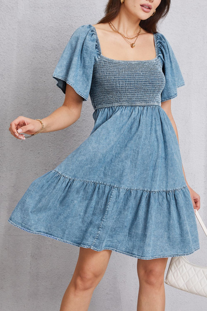 Women's Smocked Square Neck Mini Denim Dress