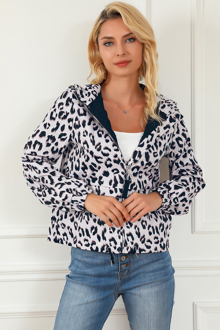 Women's Leopard Print Zip-Up Hooded Jacket