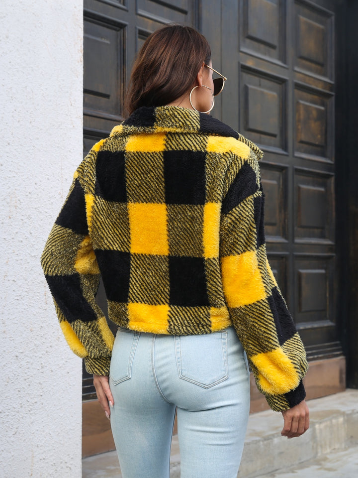 Women's Plaid Buttoned Jacket with Dropped Shoulders