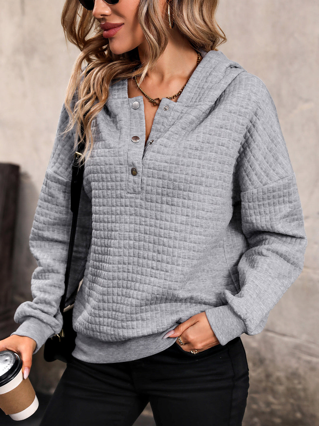 Women's Cozy Waffle-Knit Half Button Hoodie