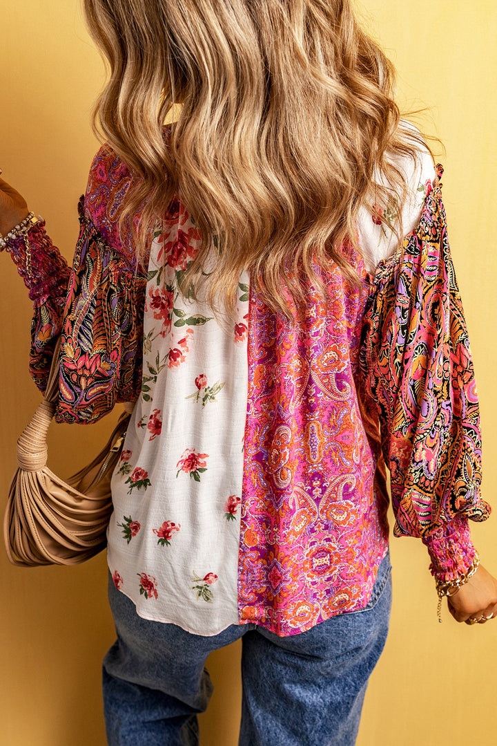 Women's Multicolor Floral Notched Neck Lantern Sleeve Blouse