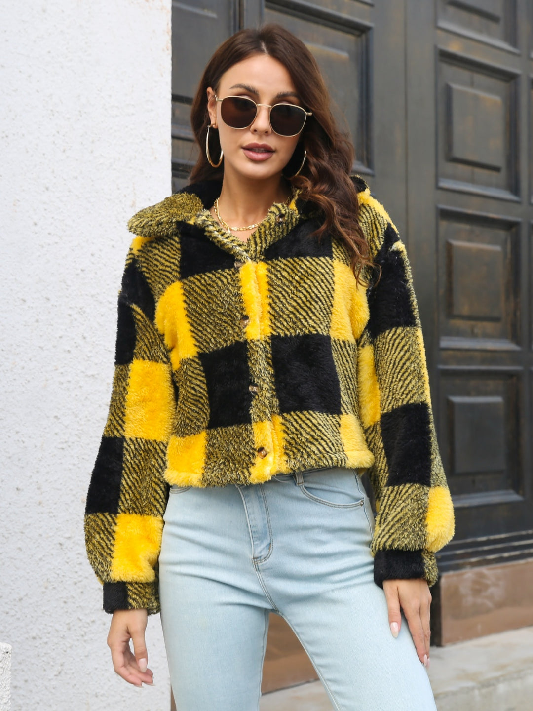 Women's Plaid Buttoned Jacket with Dropped Shoulders