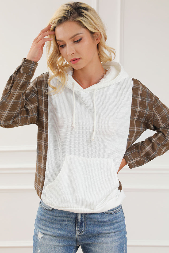 Women's Plaid Waffle-Knit Hoodie with Drawstring and Kangaroo Pocket