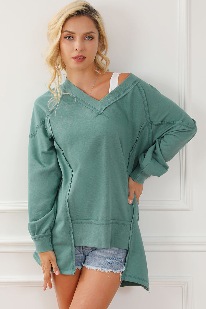 Women's V-Neck Exposed Seam Sweatshirt with Zip Detail