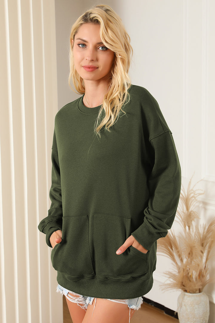 Women's Cozy Pocketed Round Neck Dropped Shoulder Sweatshirt