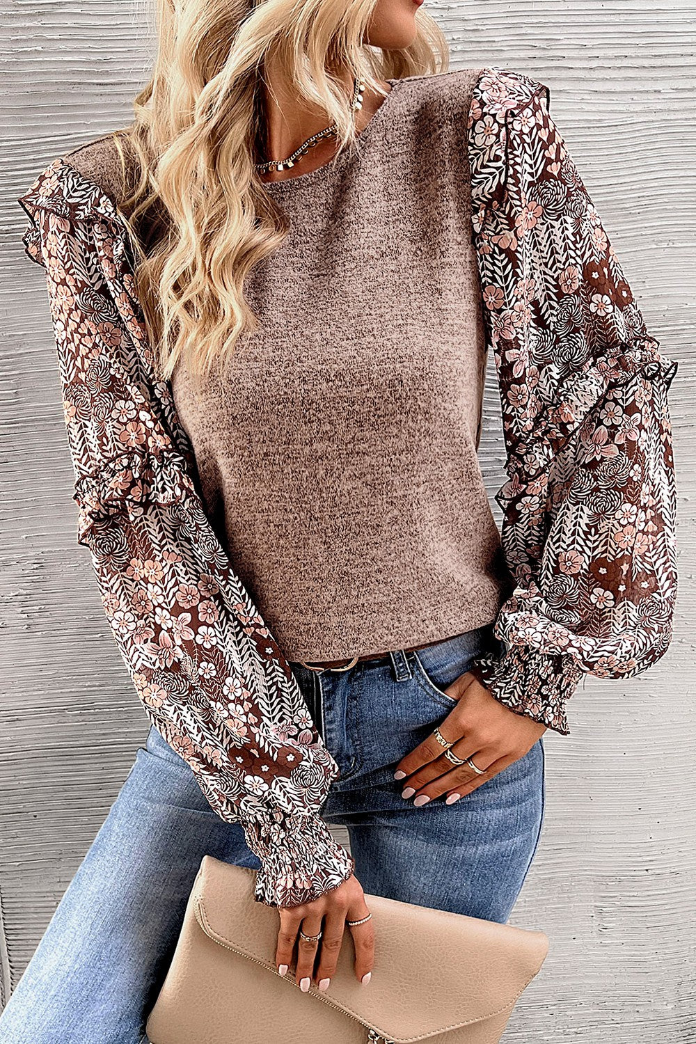 Women's Heathered Floral Frill Lantern Sleeve Blouse