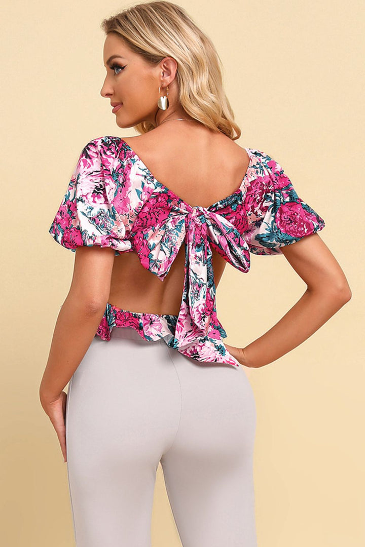 Women's Floral Tied Cropped Peplum Blouse