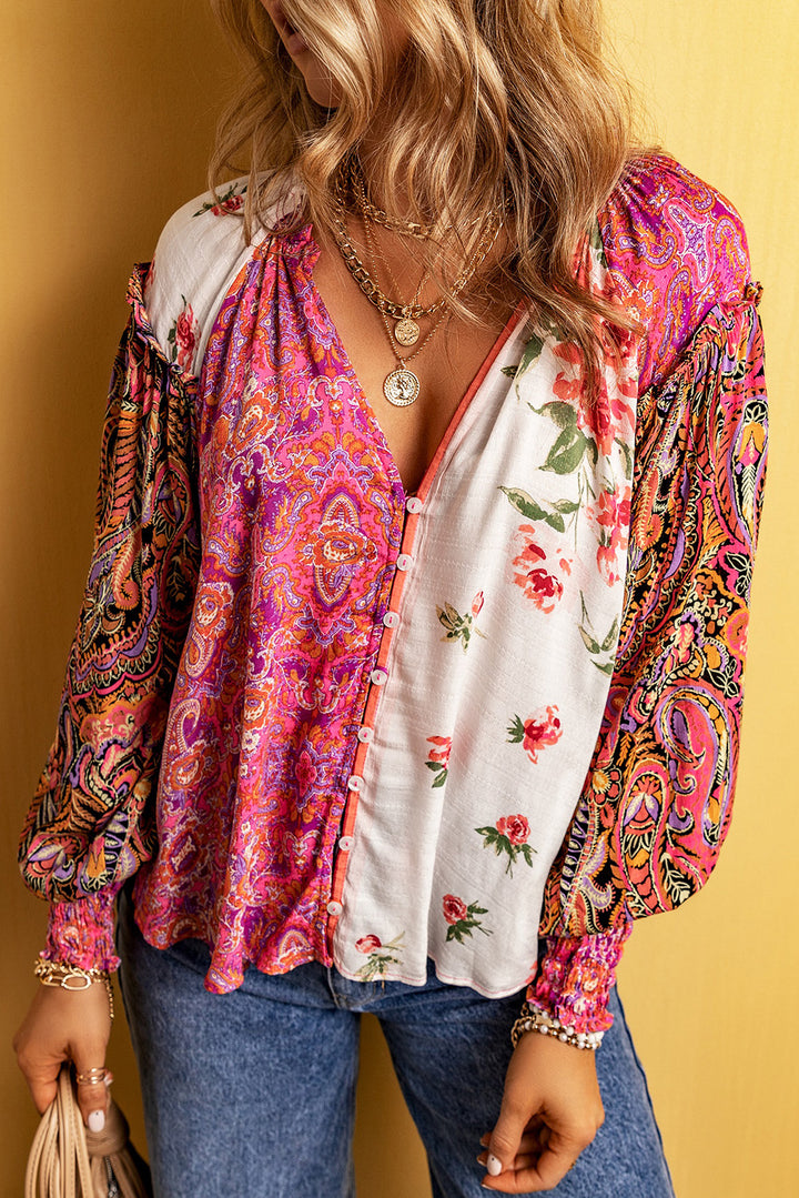 Women's Multicolor Floral Notched Neck Lantern Sleeve Blouse