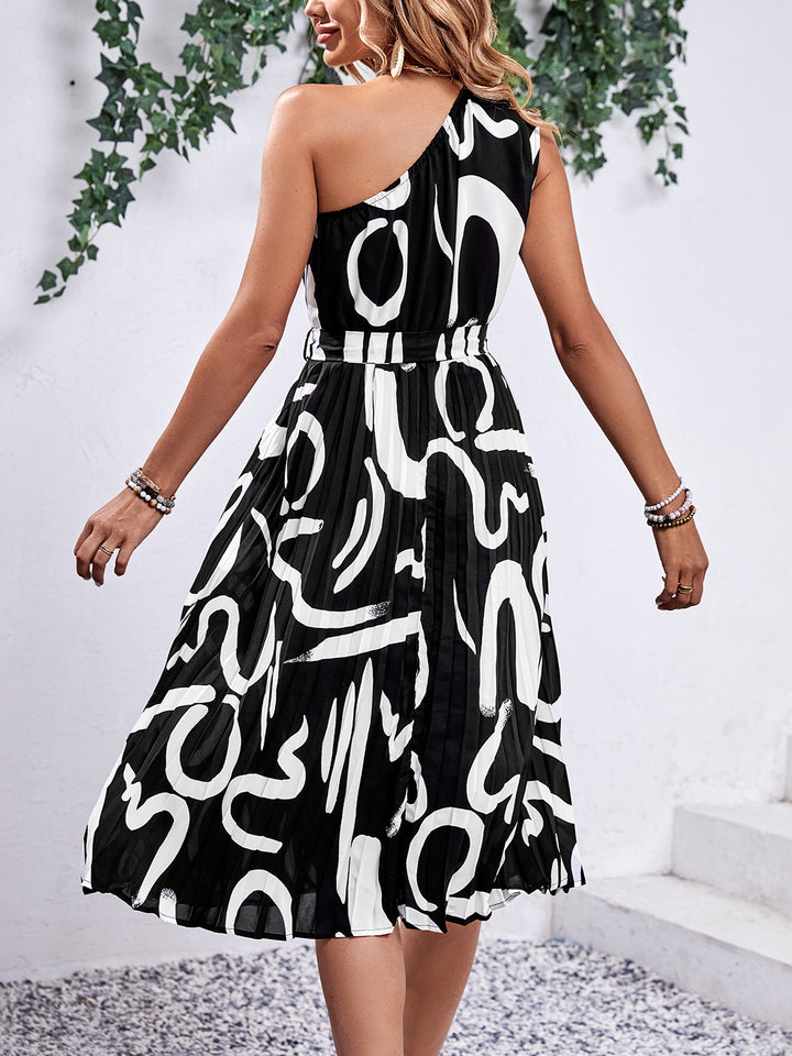 Women's Printed Single Shoulder Tie Waist Dress