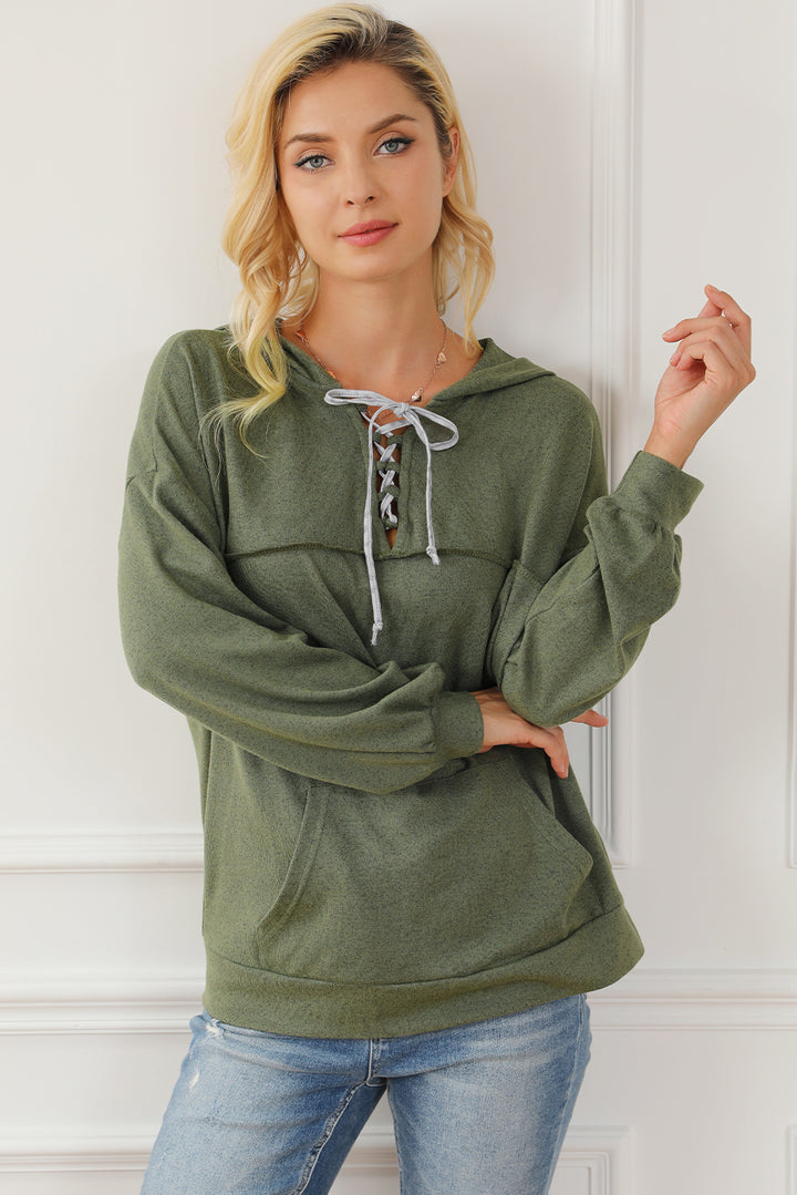 Women's Cozy Lace-Up Hoodie with Exposed Seams and Pocket