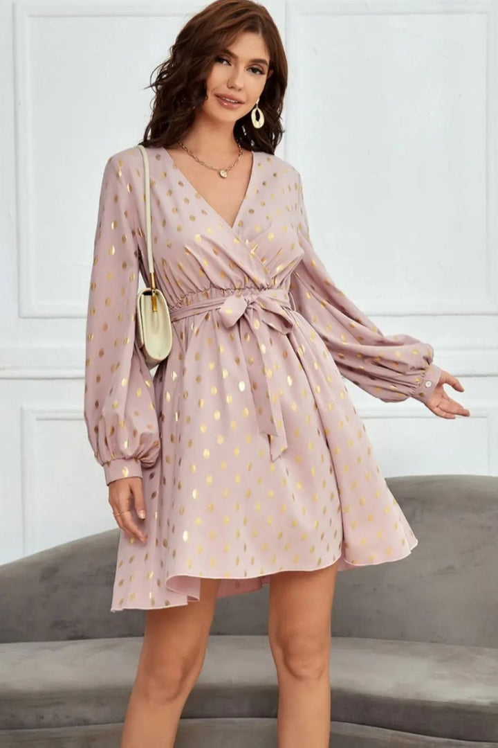 Women's Long Sleeve Surplice Dress with Tied Print