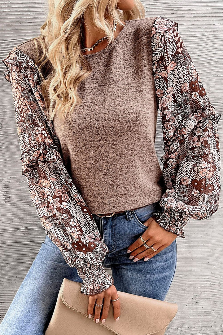 Women's Heathered Floral Frill Lantern Sleeve Blouse