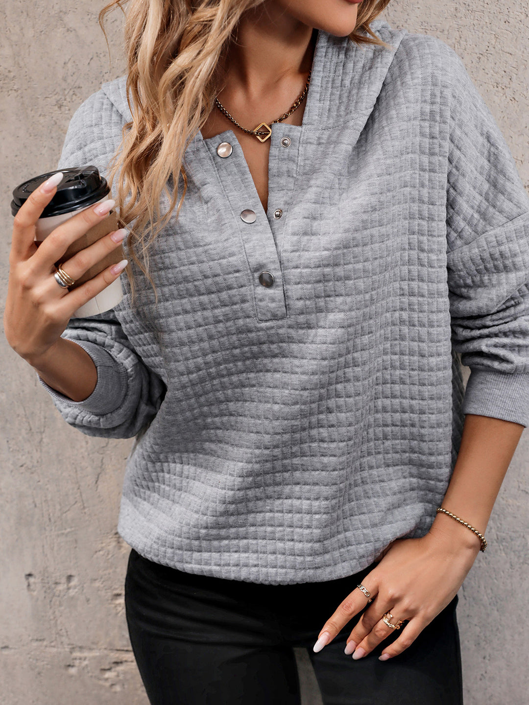 Women's Cozy Waffle-Knit Half Button Hoodie