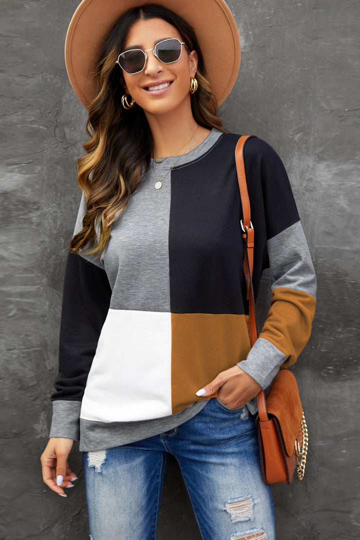 Women's Color Block Round Neck Sweatshirt