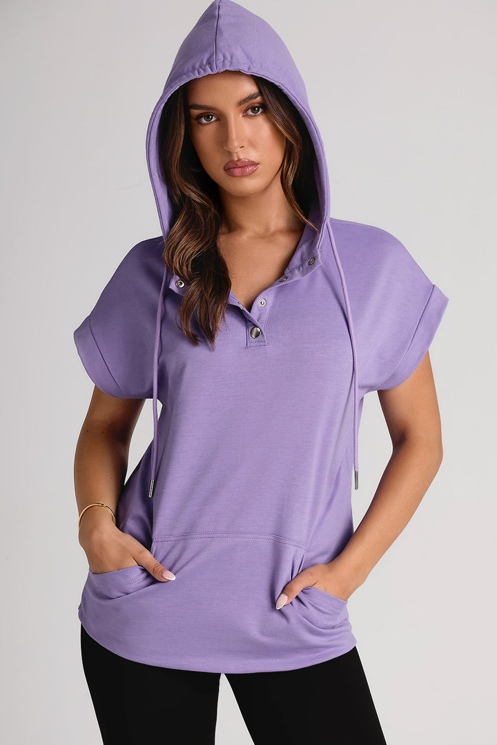 Women's Cap Sleeve Hoodie with Drawstring Quarter Snap Design