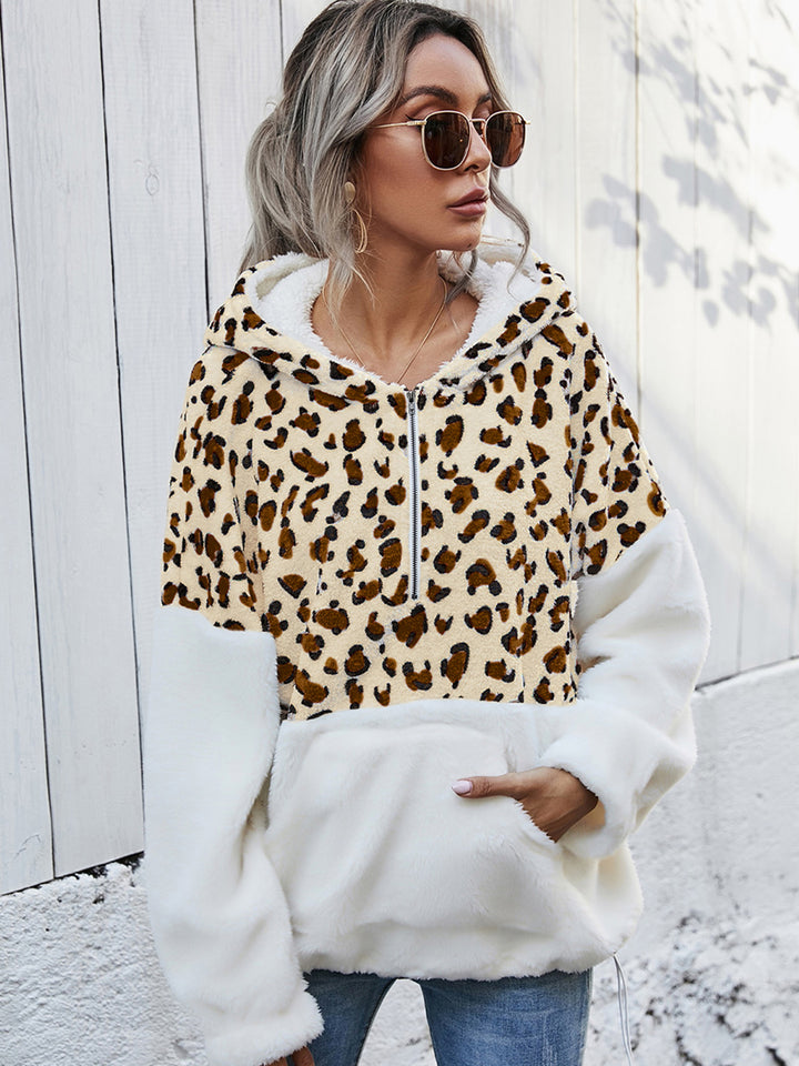 Women's Leopard Print Half-Zip Dropped Shoulder Hoodie