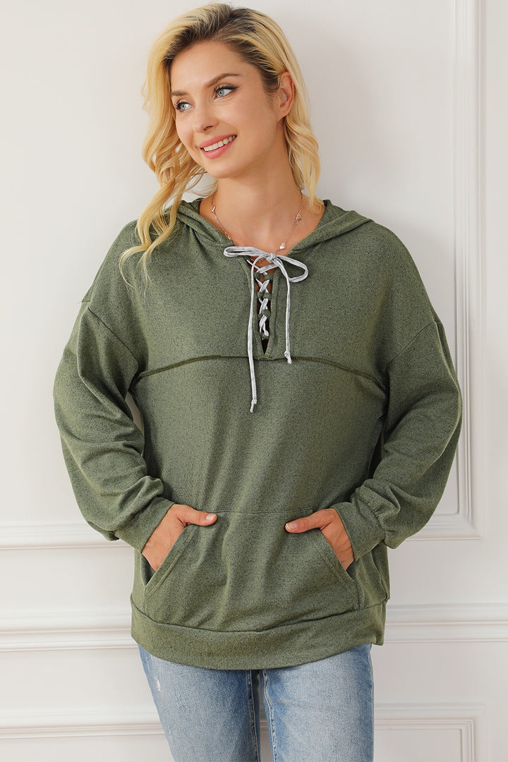 Women's Cozy Lace-Up Hoodie with Exposed Seams and Pocket