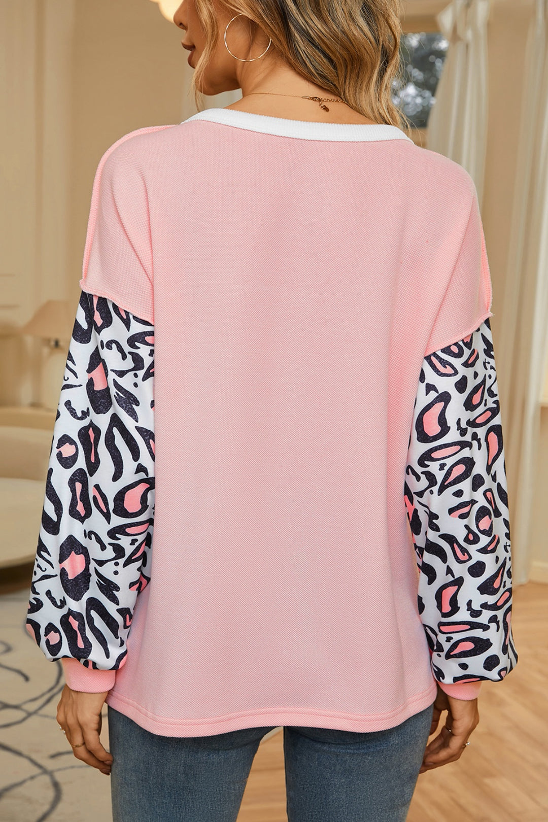 Women's Leopard Print Color Block Button-Up Blouse