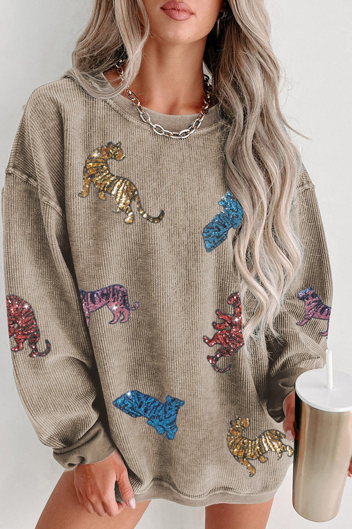 Women's Sequin Animal Print Dropped Shoulder Sweatshirt