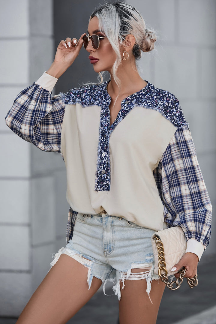 Women's Plaid Notched Neck Slit Blouse