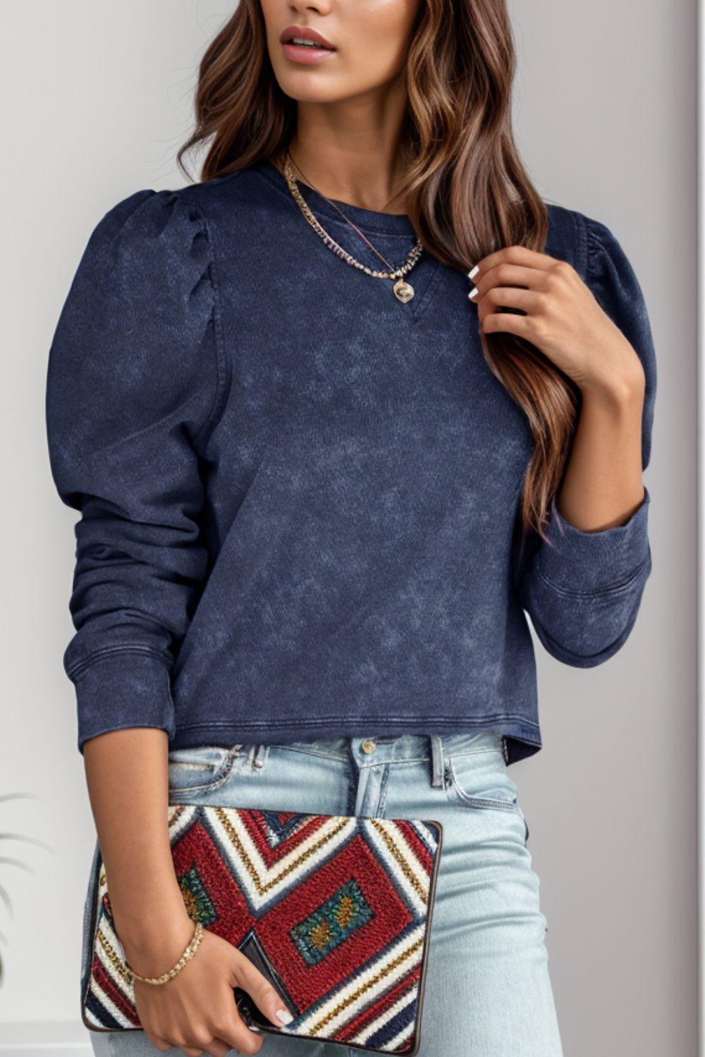 Women's Cozy Chic Round Neck Puff Sleeve Sweatshirt