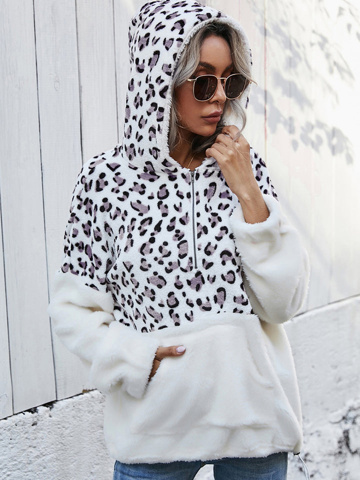 Women's Leopard Print Half-Zip Dropped Shoulder Hoodie