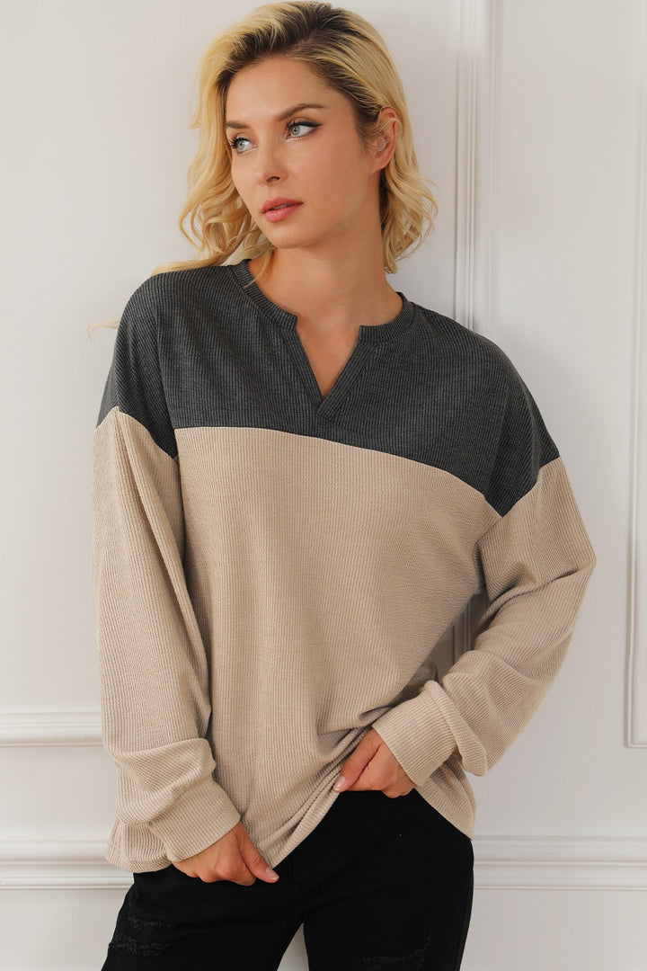 Women's Color Block Notched Long Sleeve Sweatshirt