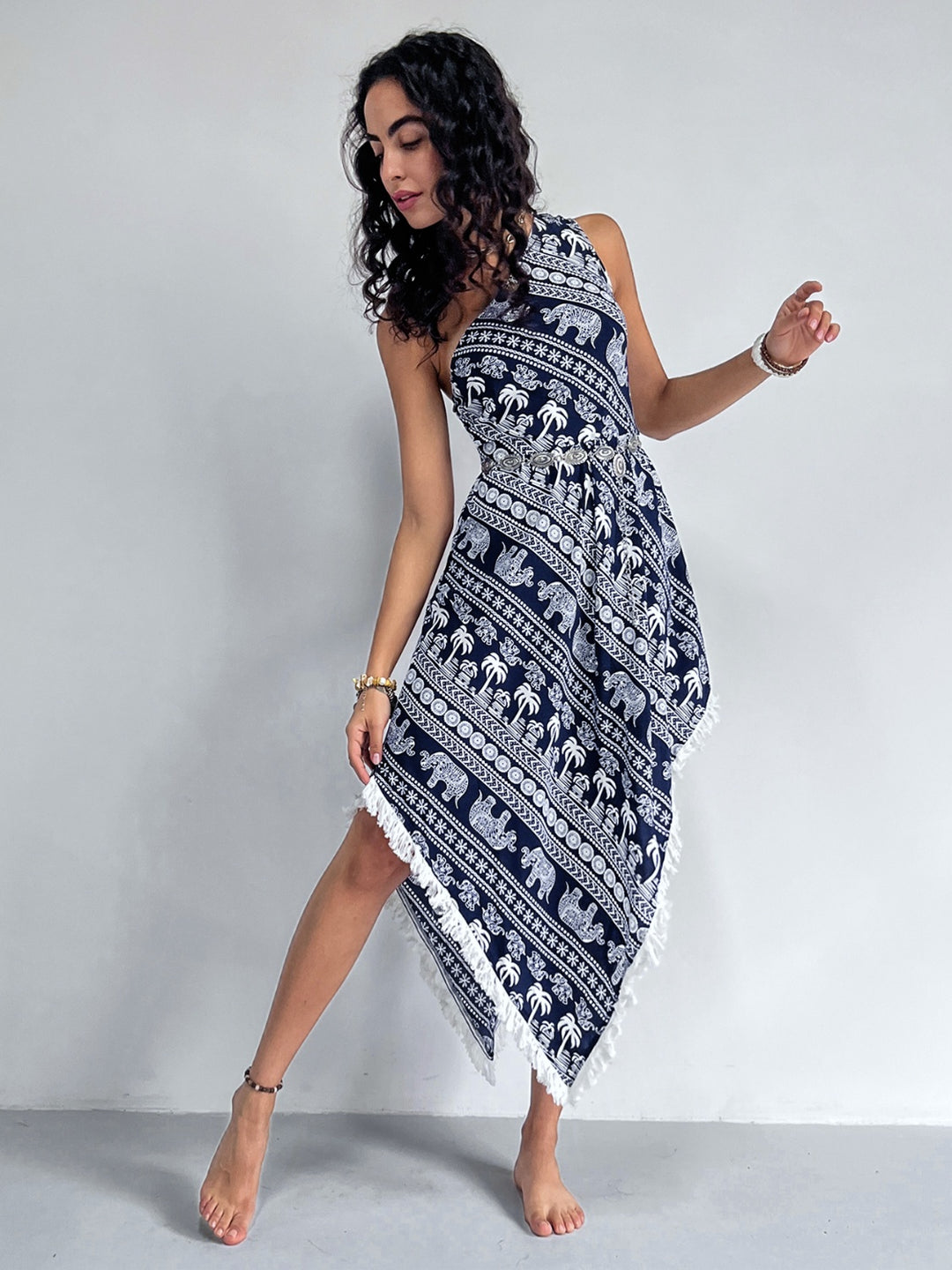 Women's Fringe Printed Single Shoulder Dress