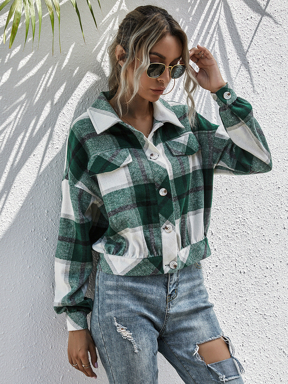 Women's Plaid Dropped Shoulder Shirt Jacket