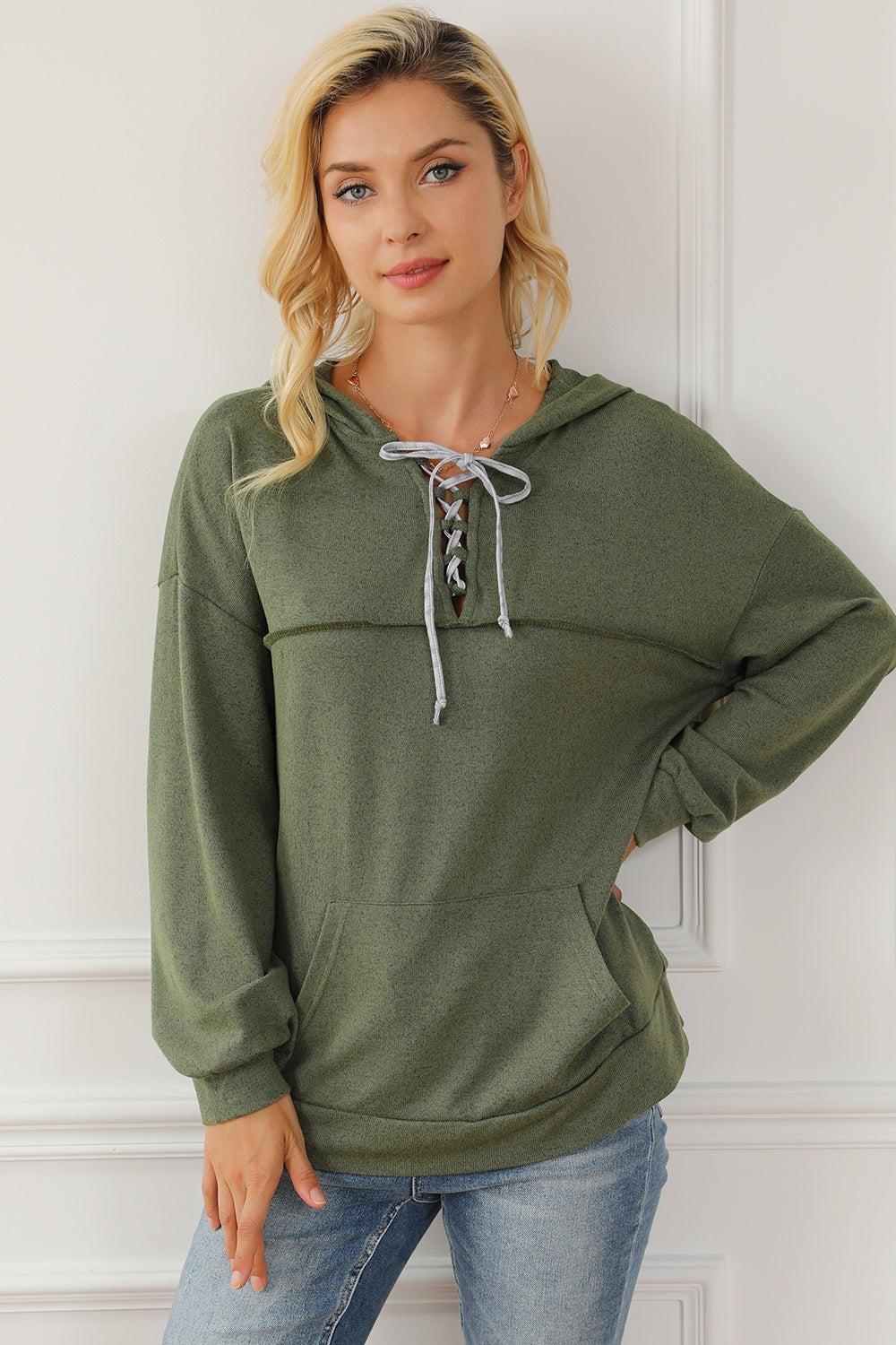 Women's Cozy Lace-Up Hoodie with Exposed Seams and Pocket