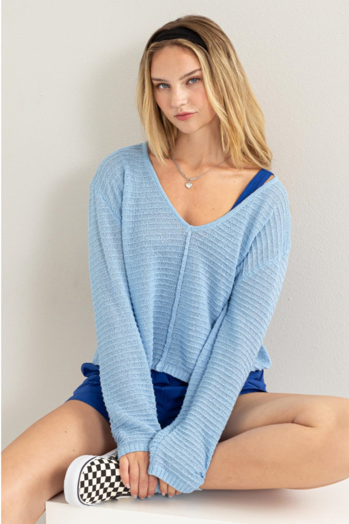 Women's V-Neck Striped Texture Long Sleeve Top