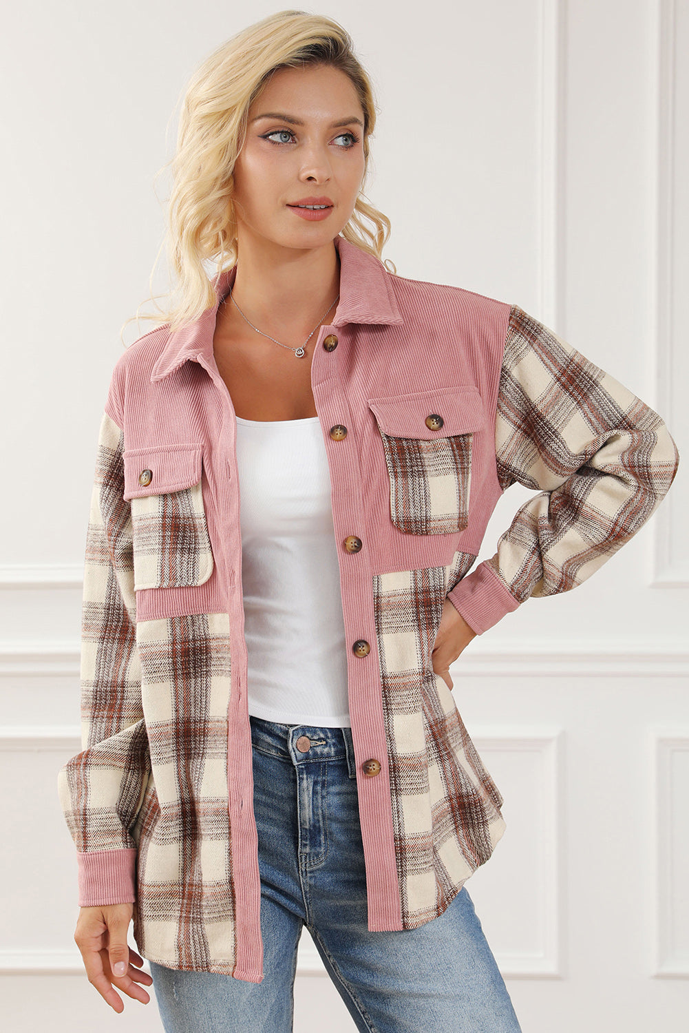 Women's Plaid Button-Up Collared Jacket