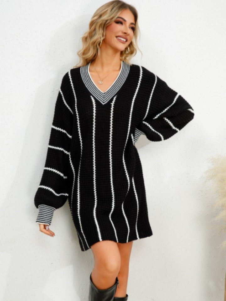 Women's Striped V-Neck Long Sleeve Mini Dress